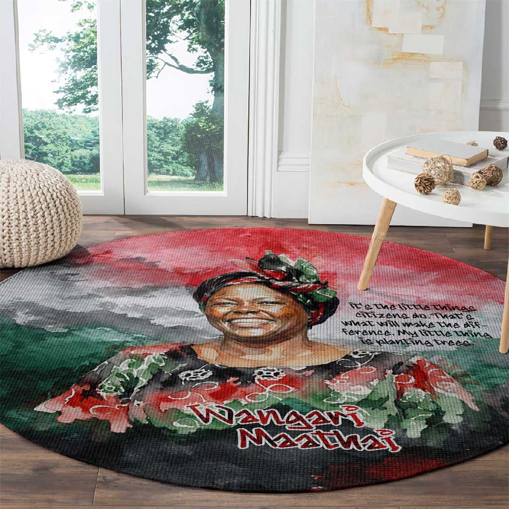 Wangari Maathai Round Carpet Kenyan Flag Watercolor Style - Environmental Quote Planting Trees Tribute Eco-Activism - African Pride