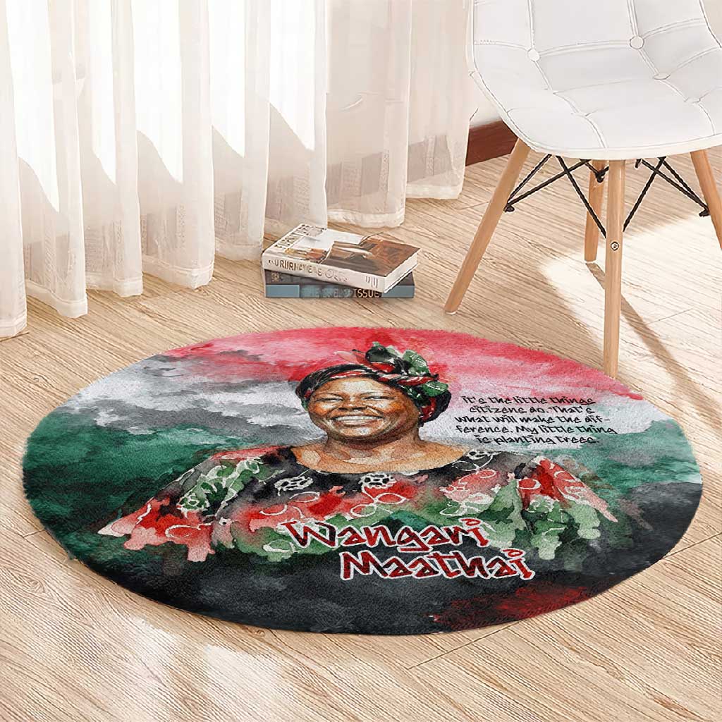 Wangari Maathai Round Carpet Kenyan Flag Watercolor Style - Environmental Quote Planting Trees Tribute Eco-Activism - African Pride