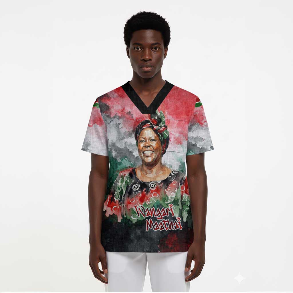 Wangari Maathai Scrub Top Kenyan Flag Watercolor Style - Environmental Quote Planting Trees Tribute Eco-Activism - African Pride