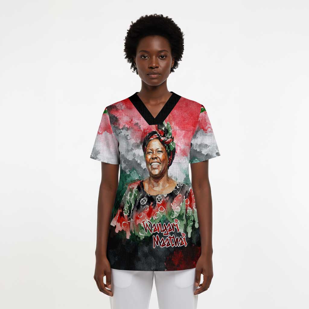 Wangari Maathai Scrub Top Kenyan Flag Watercolor Style - Environmental Quote Planting Trees Tribute Eco-Activism - African Pride