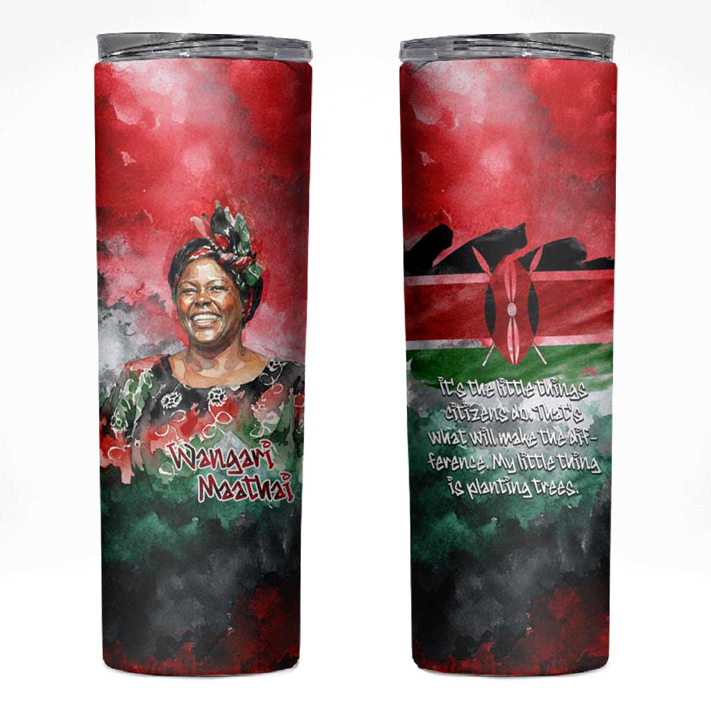 Wangari Maathai Skinny Tumbler Kenyan Flag Watercolor Style - Environmental Quote Planting Trees Tribute Eco-Activism - African Pride