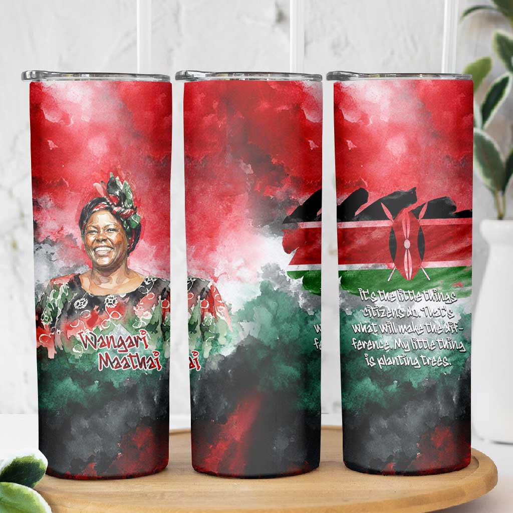 Wangari Maathai Skinny Tumbler Kenyan Flag Watercolor Style - Environmental Quote Planting Trees Tribute Eco-Activism - African Pride