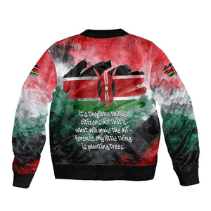 Wangari Maathai Sleeve Zip Bomber Jacket Kenyan Flag Watercolor Style - Environmental Quote Planting Trees Tribute Eco-Activism - African Pride