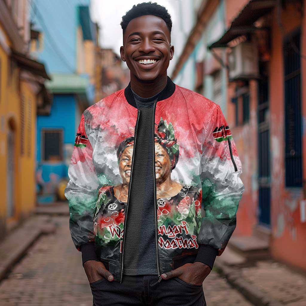 Wangari Maathai Sleeve Zip Bomber Jacket Kenyan Flag Watercolor Style - Environmental Quote Planting Trees Tribute Eco-Activism - African Pride