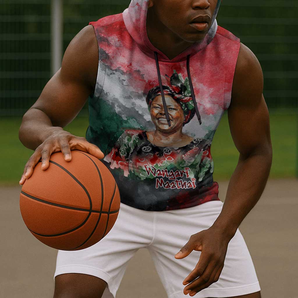 Wangari Maathai Sleeveless Hoodie Kenyan Flag Watercolor Style - Environmental Quote Planting Trees Tribute Eco-Activism - African Pride