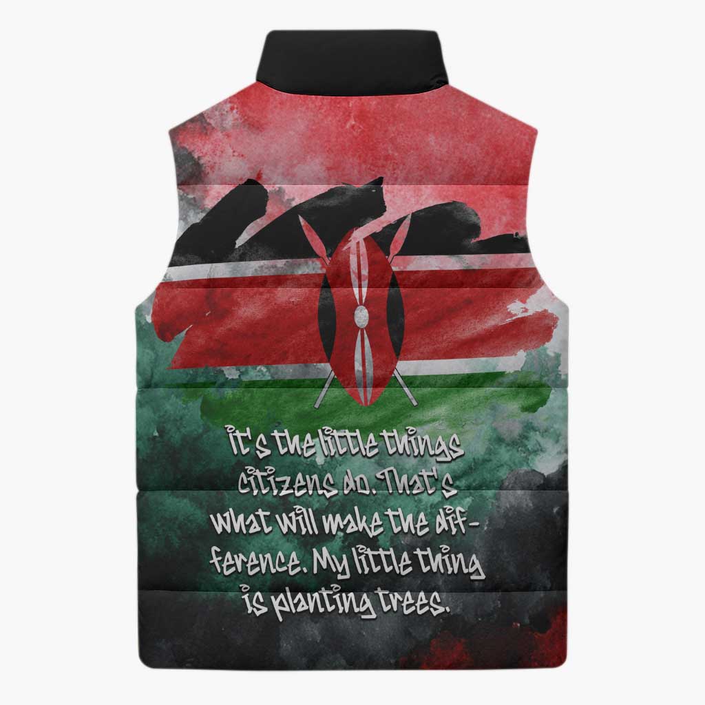Wangari Maathai Sleeveless Puffer Jacket Kenyan Flag Watercolor Style - Environmental Quote Planting Trees Tribute Eco-Activism - African Pride