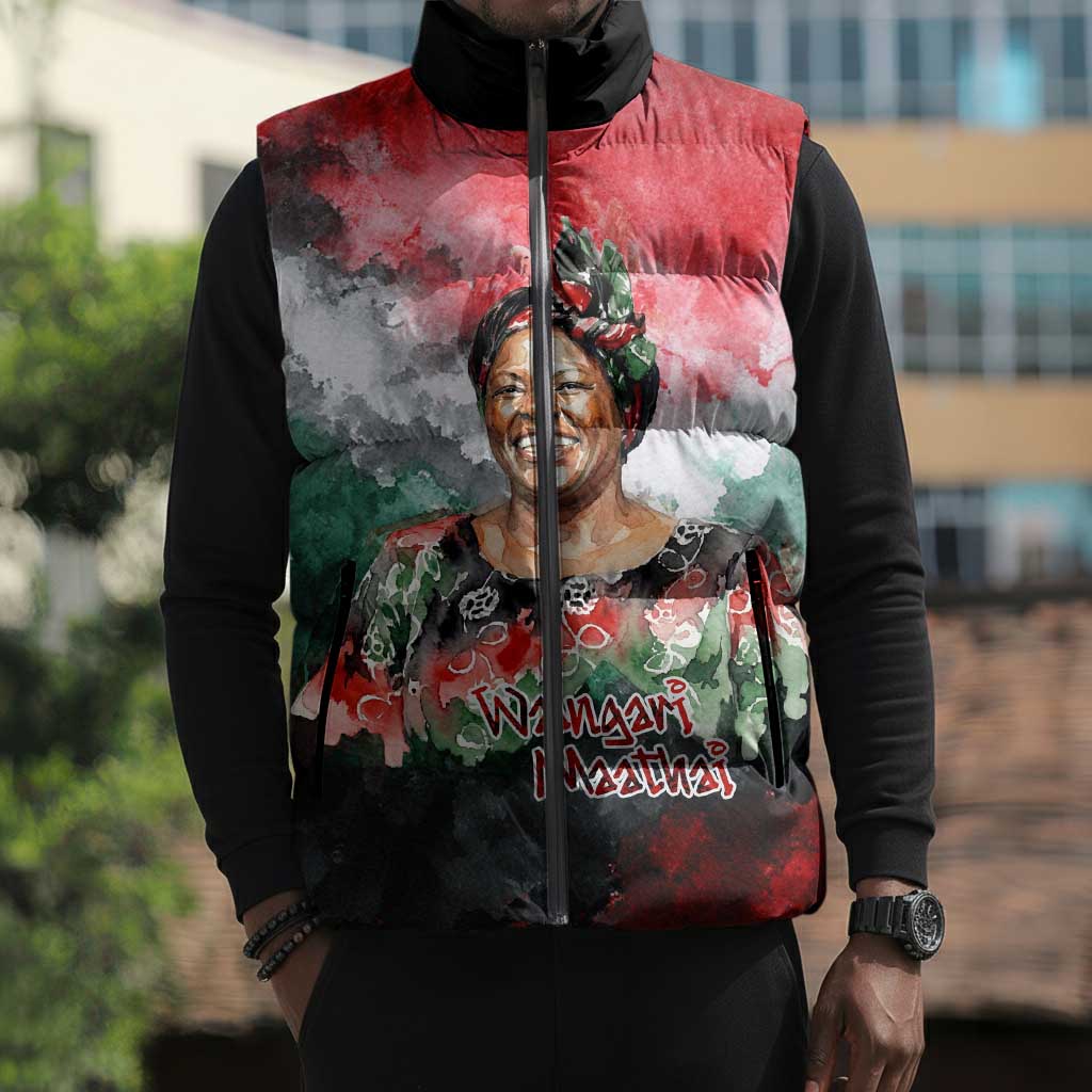 Wangari Maathai Sleeveless Puffer Jacket Kenyan Flag Watercolor Style - Environmental Quote Planting Trees Tribute Eco-Activism - African Pride