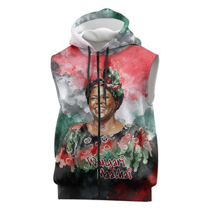 Wangari Maathai Sleeveless Zip Hoodie Kenyan Flag Watercolor Style - Environmental Quote Planting Trees Tribute Eco-Activism - African Pride
