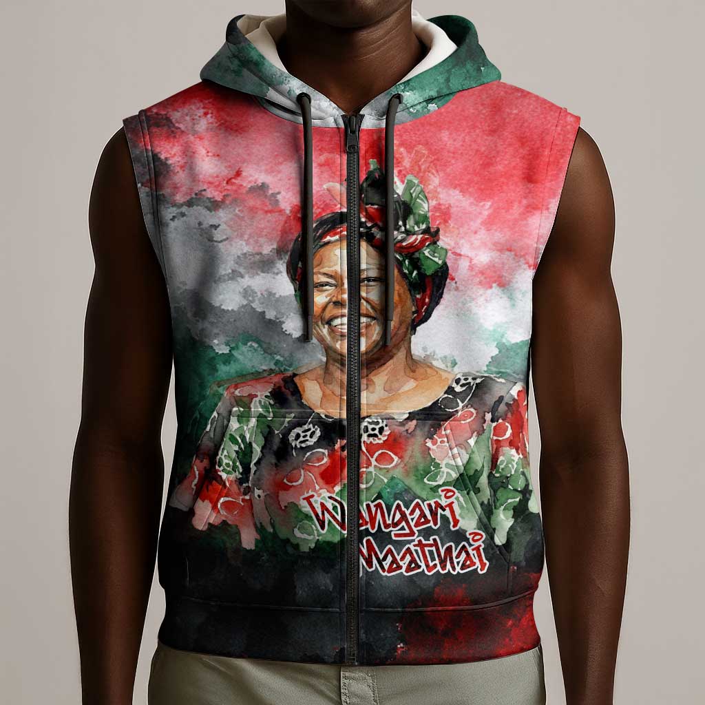 Wangari Maathai Sleeveless Zip Hoodie Kenyan Flag Watercolor Style - Environmental Quote Planting Trees Tribute Eco-Activism - African Pride