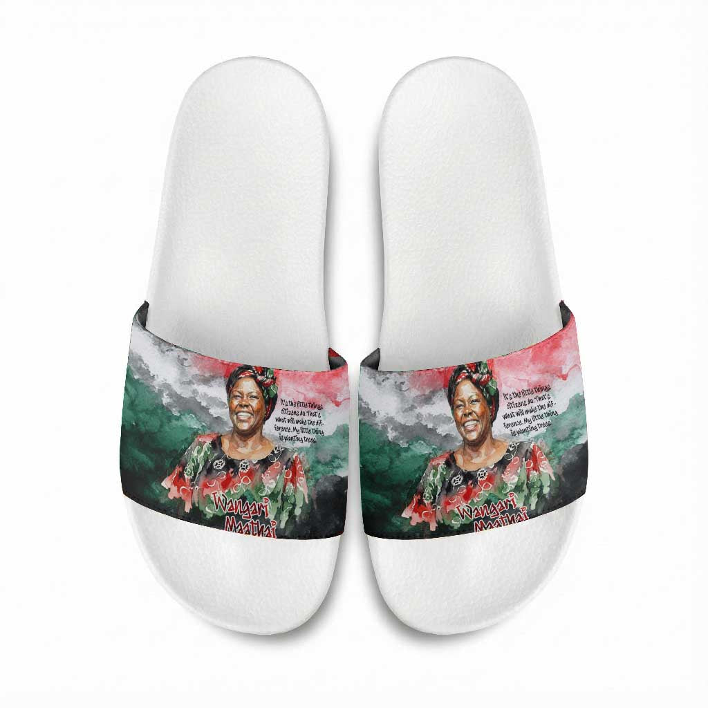 Wangari Maathai Slide Sandals Kenyan Flag Watercolor Style - Environmental Quote Planting Trees Tribute Eco-Activism - African Pride