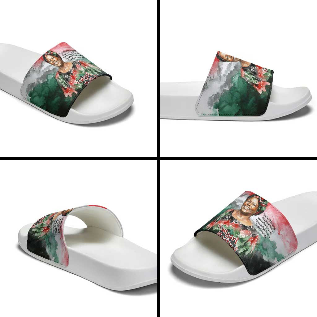 Wangari Maathai Slide Sandals Kenyan Flag Watercolor Style - Environmental Quote Planting Trees Tribute Eco-Activism - African Pride