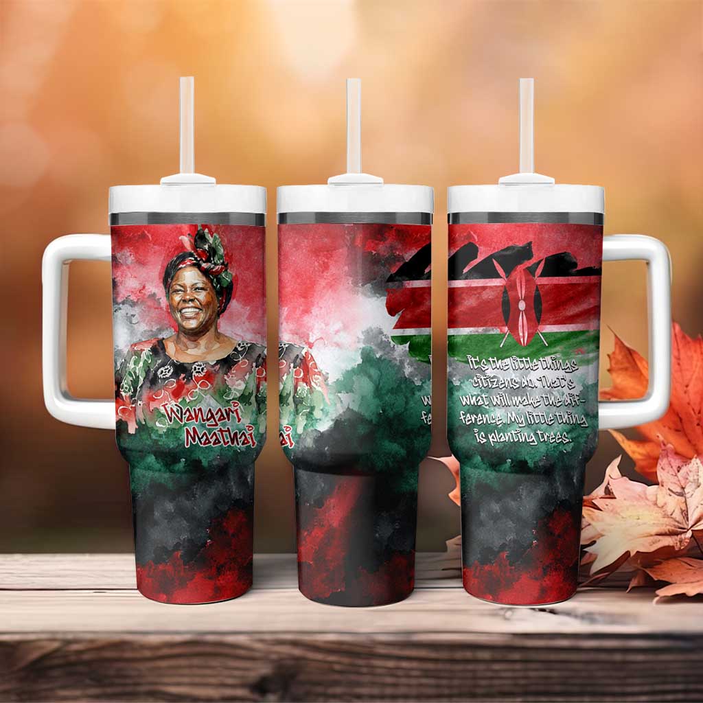 Wangari Maathai Tumbler With Handle Kenyan Flag Watercolor Style - Environmental Quote Planting Trees Tribute Eco-Activism - African Pride