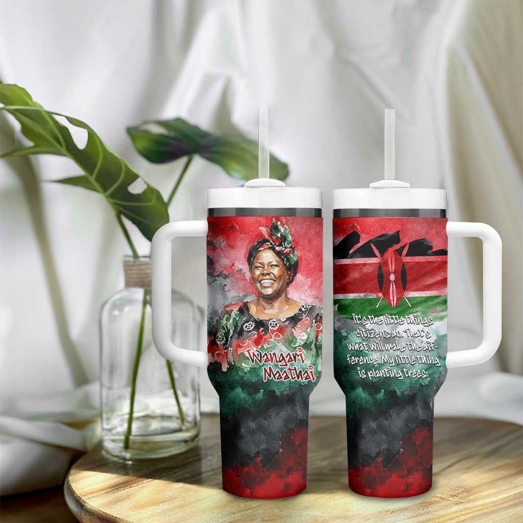 Wangari Maathai Tumbler With Handle Kenyan Flag Watercolor Style - Environmental Quote Planting Trees Tribute Eco-Activism - African Pride