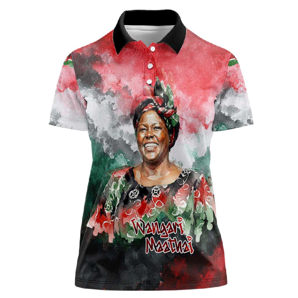 Wangari Maathai Women Polo Shirt Kenyan Flag Watercolor Style - Environmental Quote Planting Trees Tribute Eco-Activism - African Pride