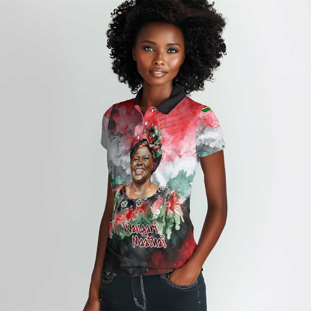 Wangari Maathai Women Polo Shirt Kenyan Flag Watercolor Style - Environmental Quote Planting Trees Tribute Eco-Activism - African Pride