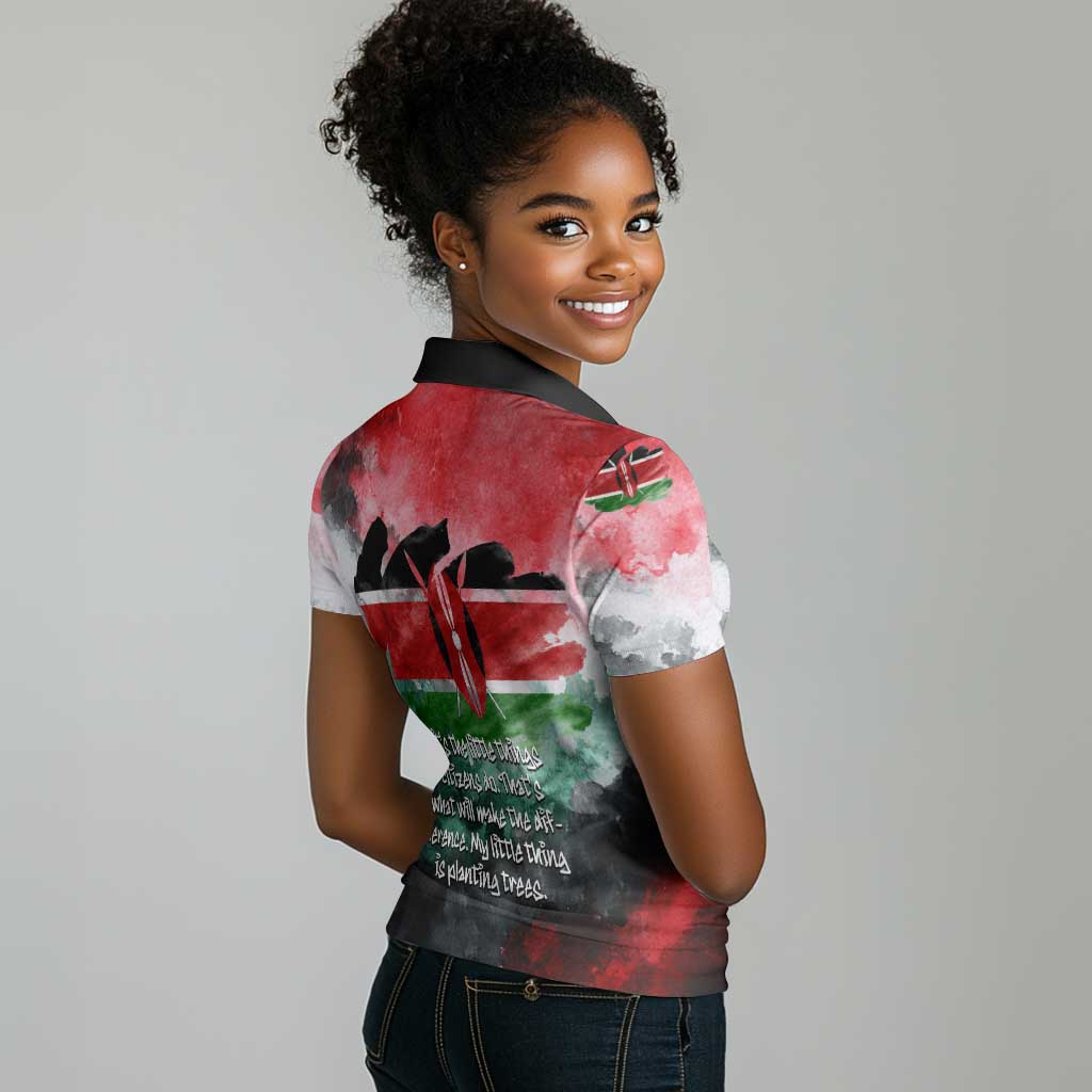Wangari Maathai Women Polo Shirt Kenyan Flag Watercolor Style - Environmental Quote Planting Trees Tribute Eco-Activism - African Pride