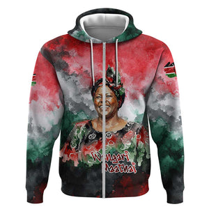Wangari Maathai Zip Hoodie Kenyan Flag Watercolor Style - Environmental Quote Planting Trees Tribute Eco-Activism - African Pride