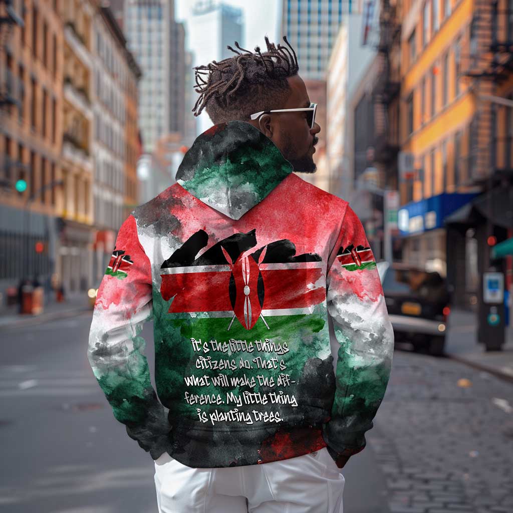 Wangari Maathai Zip Hoodie Kenyan Flag Watercolor Style - Environmental Quote Planting Trees Tribute Eco-Activism - African Pride