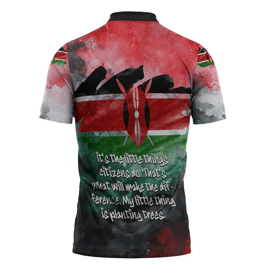 Wangari Maathai Zipper Polo Shirt Kenyan Flag Watercolor Style - Environmental Quote Planting Trees Tribute Eco-Activism - African Pride