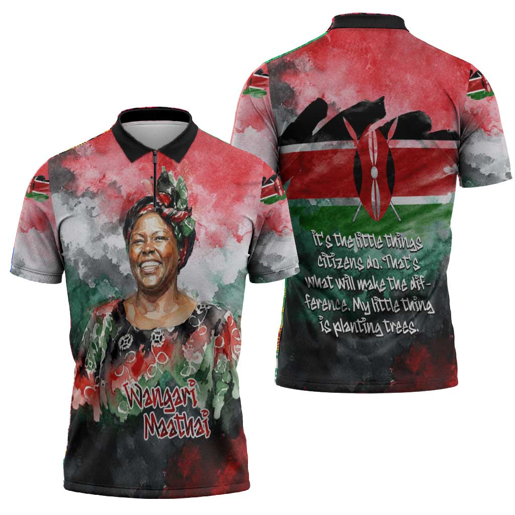 Wangari Maathai Zipper Polo Shirt Kenyan Flag Watercolor Style - Environmental Quote Planting Trees Tribute Eco-Activism - African Pride