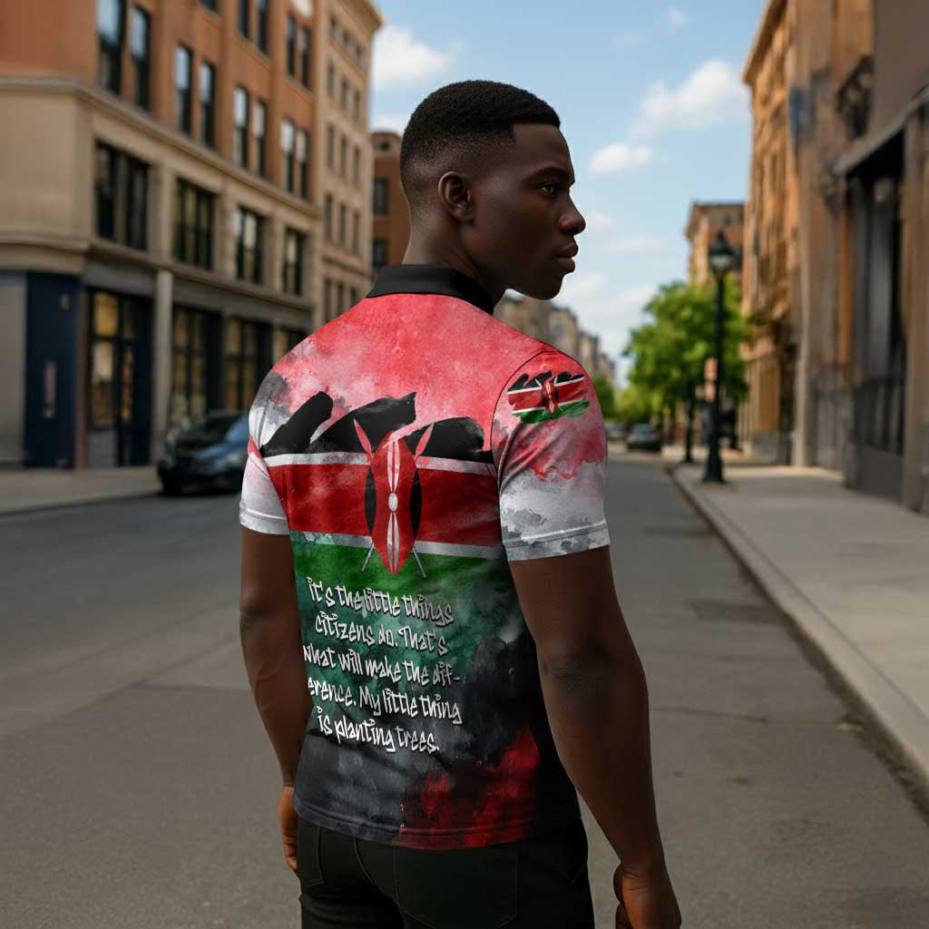 Wangari Maathai Zipper Polo Shirt Kenyan Flag Watercolor Style - Environmental Quote Planting Trees Tribute Eco-Activism - African Pride