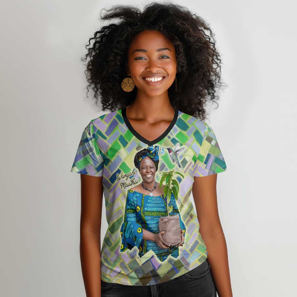 Wangari Maathai Women V-Neck T-Shirt Hummingbird Quote Tree Planting Theme Environmental Justice Tribute - African Pride