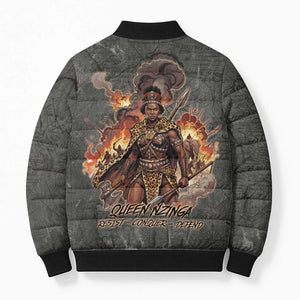Queen Nzinga Bomber Puffer Jacket Fierce African Warrior Queen - Dark Tribal Fire Art - African Pride