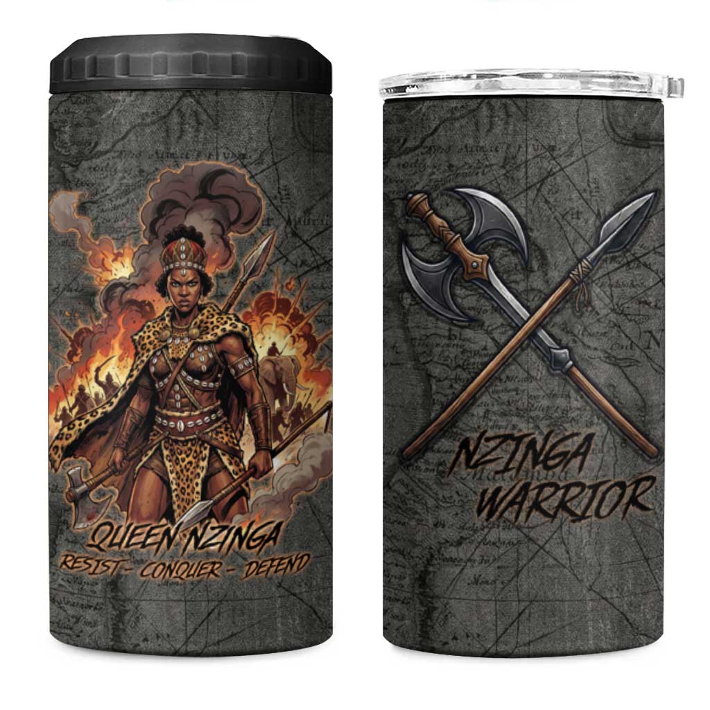Queen Nzinga 4 in 1 Can Cooler Tumbler Fierce African Warrior Queen - Dark Tribal Fire Art - African Pride