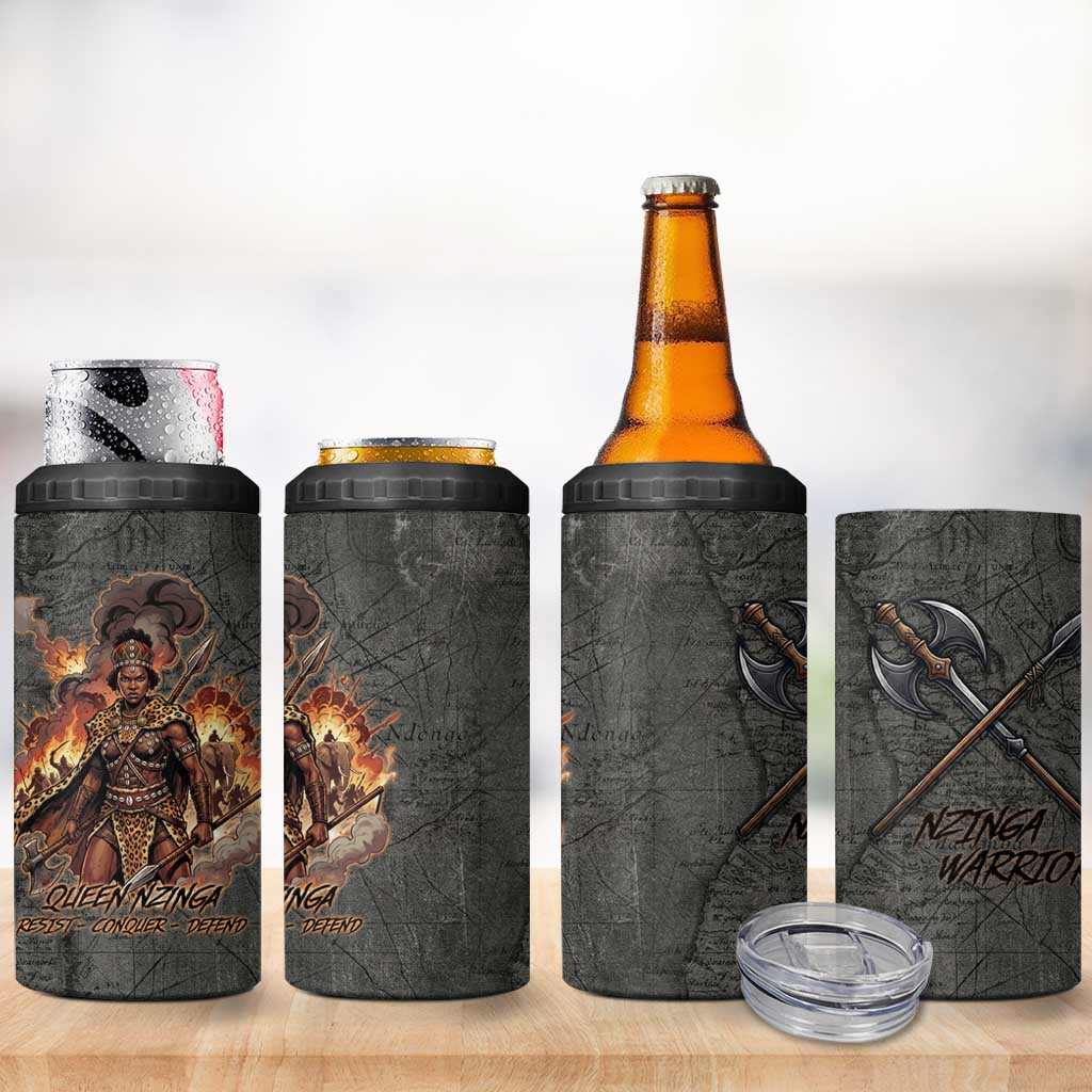 Queen Nzinga 4 in 1 Can Cooler Tumbler Fierce African Warrior Queen - Dark Tribal Fire Art - African Pride