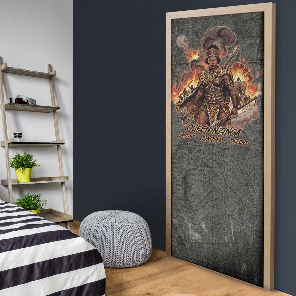 Queen Nzinga Door Cover Fierce African Warrior Queen - Dark Tribal Fire Art - African Pride