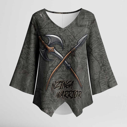 Queen Nzinga Kimono Sleeve Blouse Fierce African Warrior Queen - Dark Tribal Fire Art - African Pride