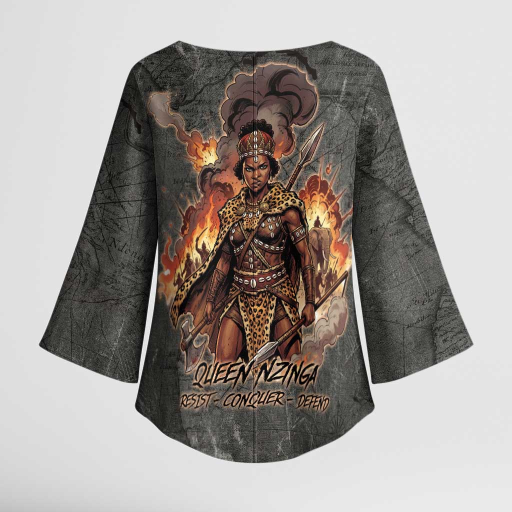 Queen Nzinga Kimono Sleeve Blouse Fierce African Warrior Queen - Dark Tribal Fire Art - African Pride