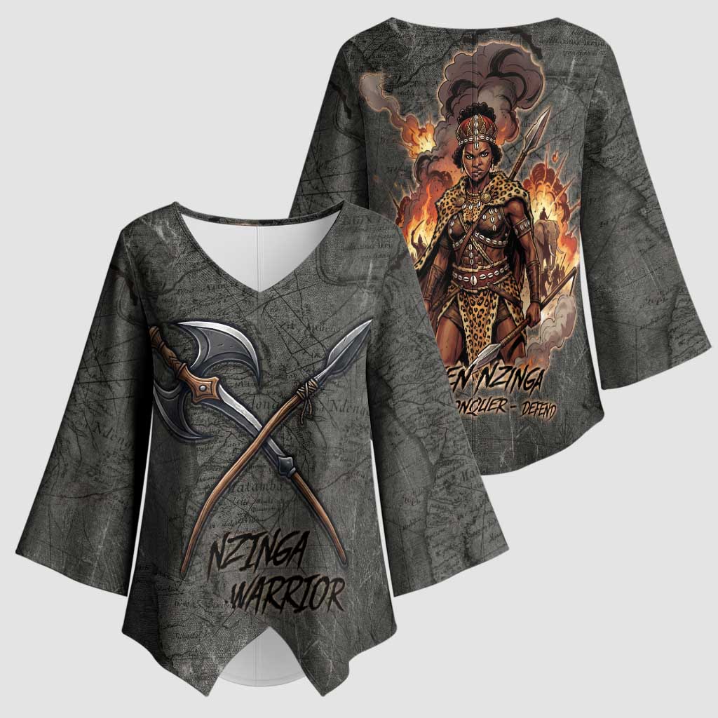 Queen Nzinga Kimono Sleeve Blouse Fierce African Warrior Queen - Dark Tribal Fire Art - African Pride