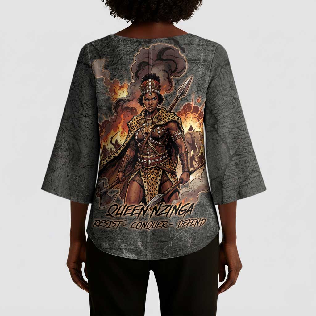 Queen Nzinga Kimono Sleeve Blouse Fierce African Warrior Queen - Dark Tribal Fire Art - African Pride
