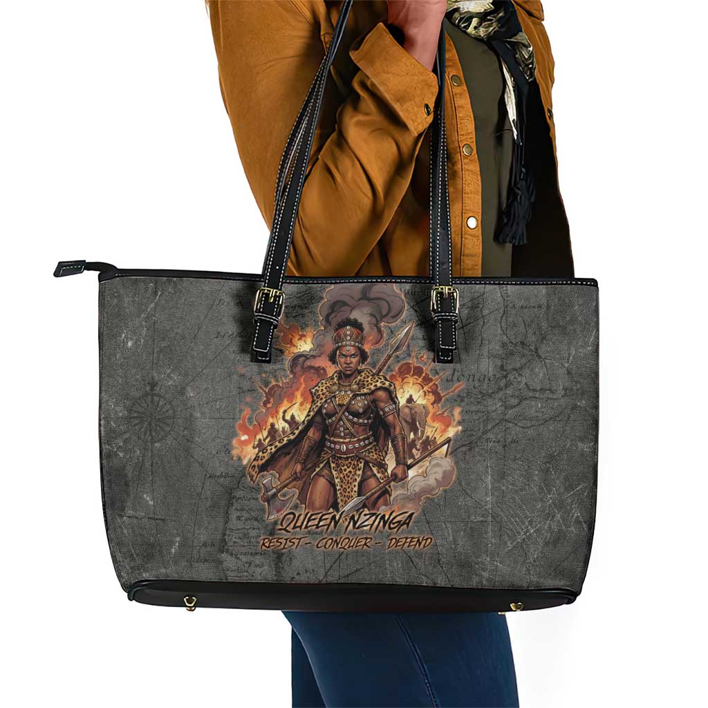 Queen Nzinga Leather Tote Bag Fierce African Warrior Queen - Dark Tribal Fire Art - African Pride
