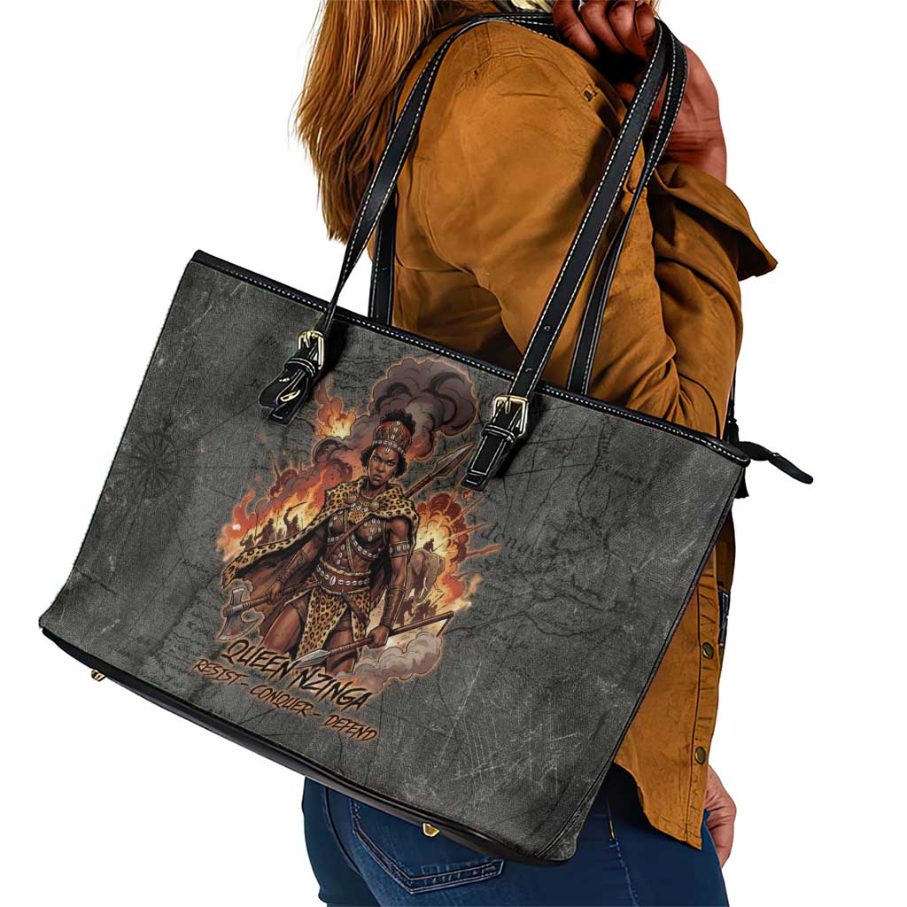 Queen Nzinga Leather Tote Bag Fierce African Warrior Queen - Dark Tribal Fire Art - African Pride