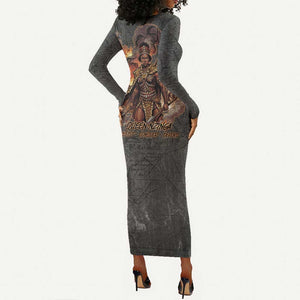 Queen Nzinga Long Sleeve Bodycon Dress Fierce African Warrior Queen - Dark Tribal Fire Art - African Pride