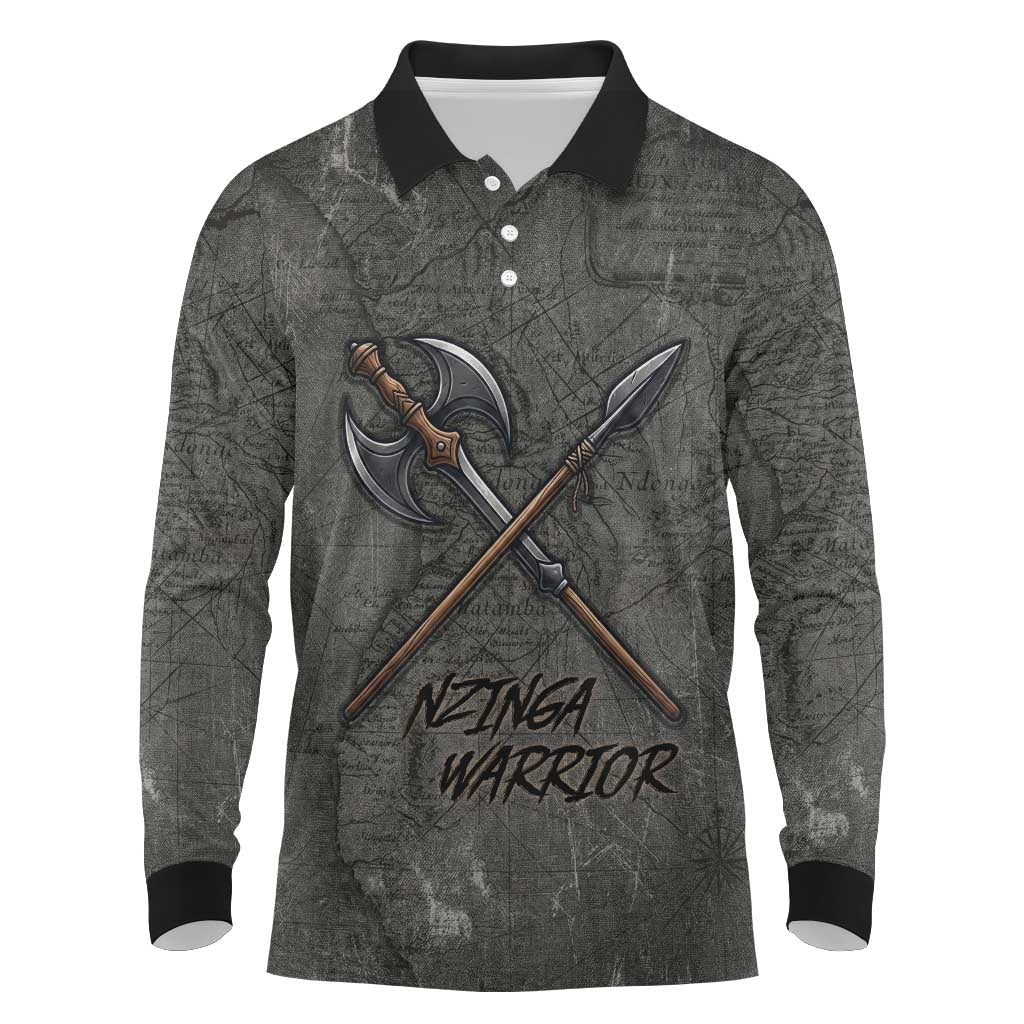 Queen Nzinga Long Sleeve Polo Shirt Fierce African Warrior Queen - Dark Tribal Fire Art - African Pride