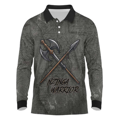 Queen Nzinga Long Sleeve Polo Shirt Fierce African Warrior Queen - Dark Tribal Fire Art - African Pride