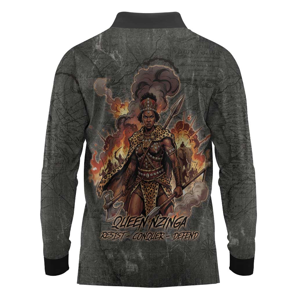 Queen Nzinga Long Sleeve Polo Shirt Fierce African Warrior Queen - Dark Tribal Fire Art - African Pride