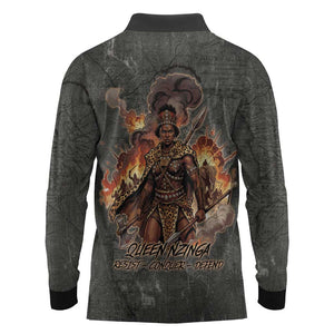 Queen Nzinga Long Sleeve Polo Shirt Fierce African Warrior Queen - Dark Tribal Fire Art - African Pride