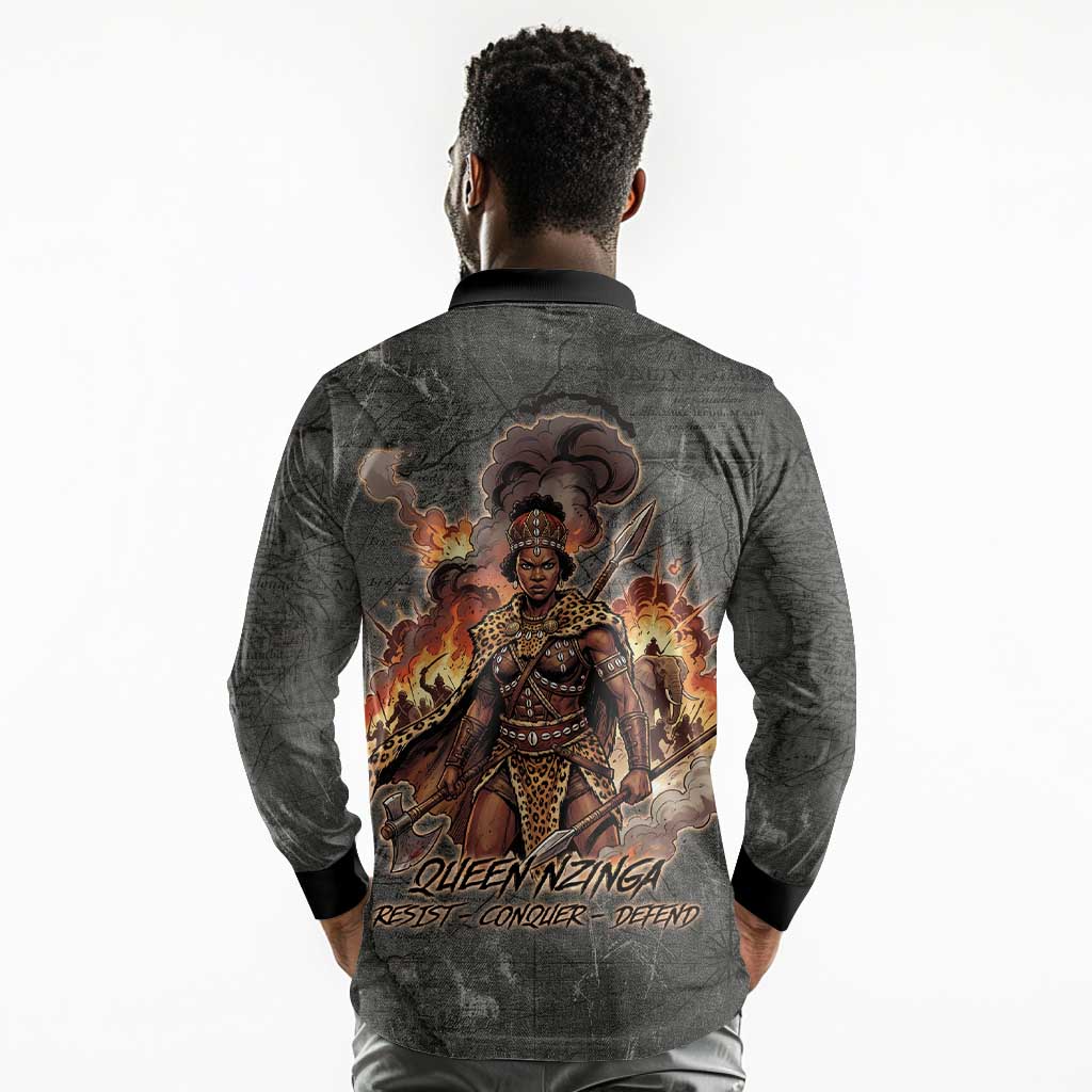 Queen Nzinga Long Sleeve Polo Shirt Fierce African Warrior Queen - Dark Tribal Fire Art - African Pride
