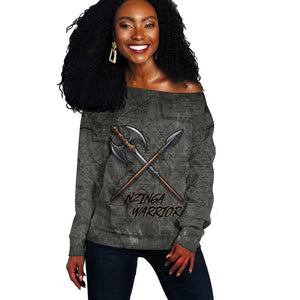 Queen Nzinga Off Shoulder Sweater Fierce African Warrior Queen - Dark Tribal Fire Art - African Pride