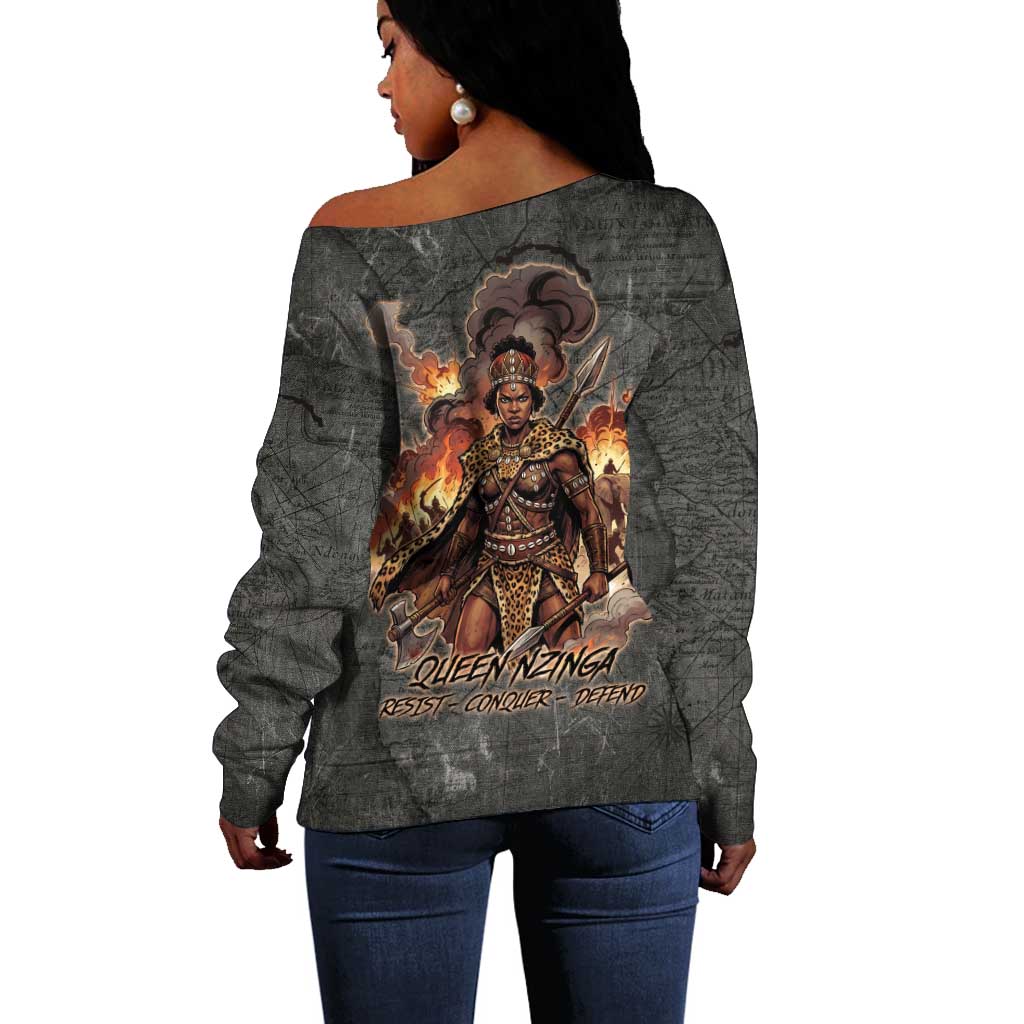 Queen Nzinga Off Shoulder Sweater Fierce African Warrior Queen - Dark Tribal Fire Art - African Pride