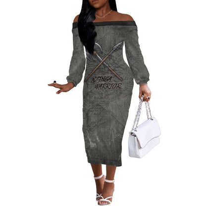 Queen Nzinga Off The Shoulder Long Sleeve Dress Fierce African Warrior Queen - Dark Tribal Fire Art - African Pride
