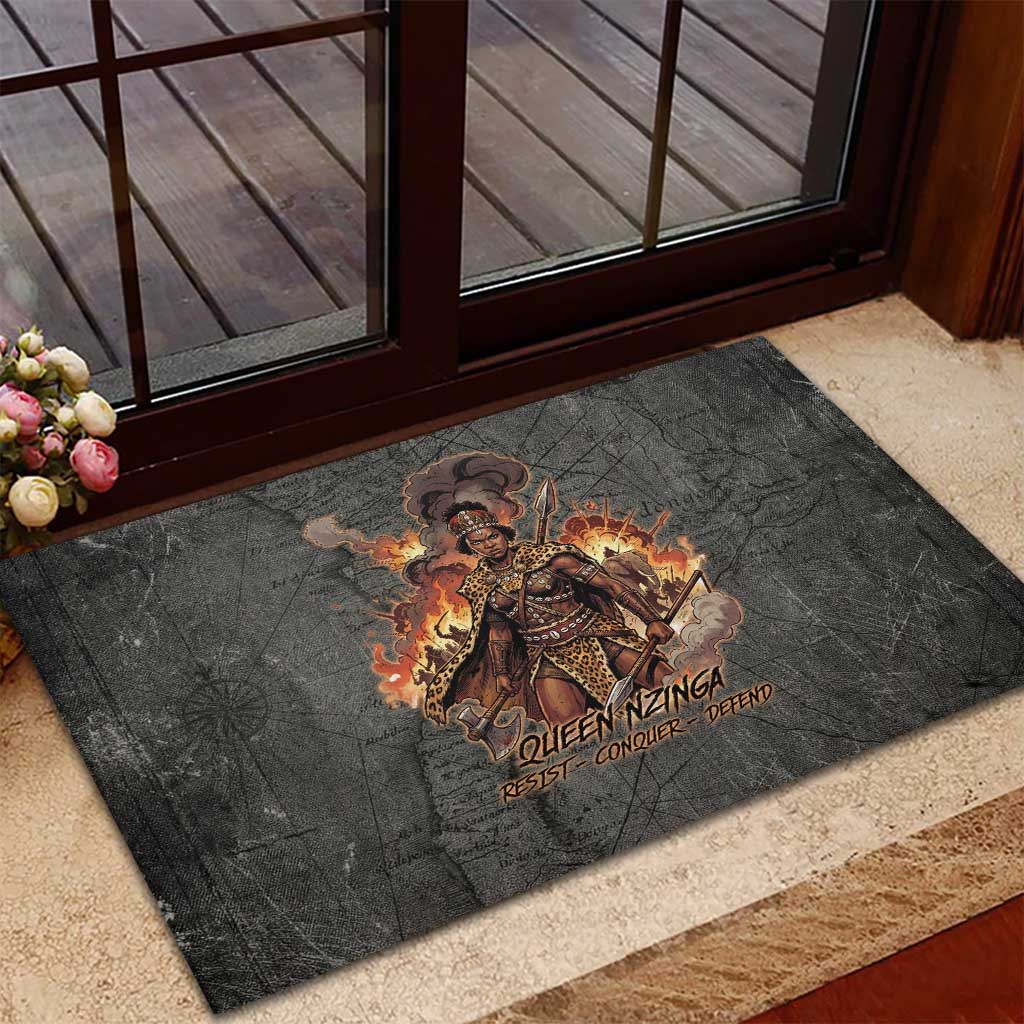 Queen Nzinga Rubber Doormat Fierce African Warrior Queen - Dark Tribal Fire Art - African Pride