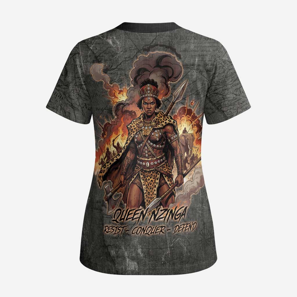 Queen Nzinga Scrub Top Fierce African Warrior Queen - Dark Tribal Fire Art - African Pride