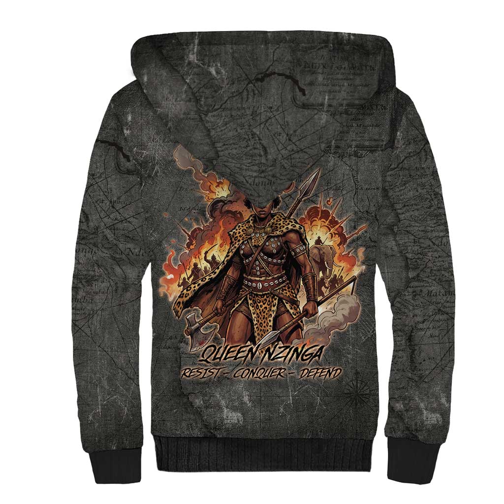 Queen Nzinga Sherpa Hoodie Fierce African Warrior Queen - Dark Tribal Fire Art - African Pride