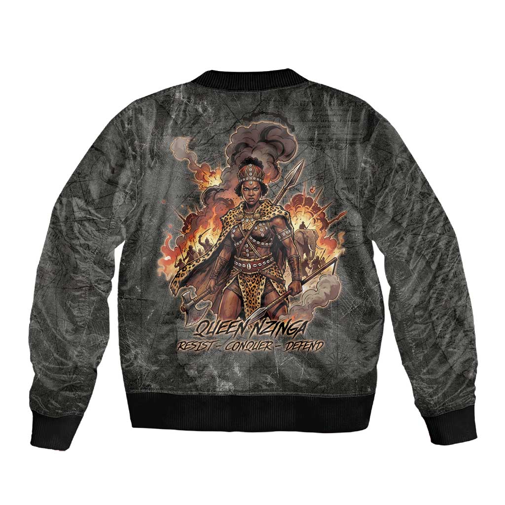 Queen Nzinga Sleeve Zip Bomber Jacket Fierce African Warrior Queen - Dark Tribal Fire Art - African Pride