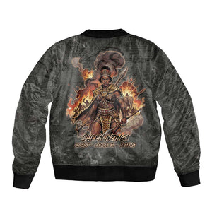 Queen Nzinga Sleeve Zip Bomber Jacket Fierce African Warrior Queen - Dark Tribal Fire Art - African Pride